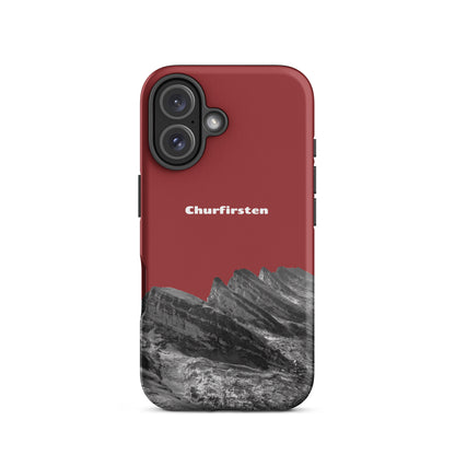 Rote iPhone-Hülle mit Churfirsten-Motiv, robustes Design, Schutzhülle aus Silikon, attraktives Alpenpanorama