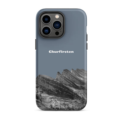 Schiefergraue iPhone-Hülle mit Churfirsten-Motiv, robustes Design, Toggenburg-Landschaft.