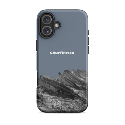 Schiefergraue iPhone-Hülle mit Churfirsten-Motiv, robustes Design, Schutzhülle für iPhone.