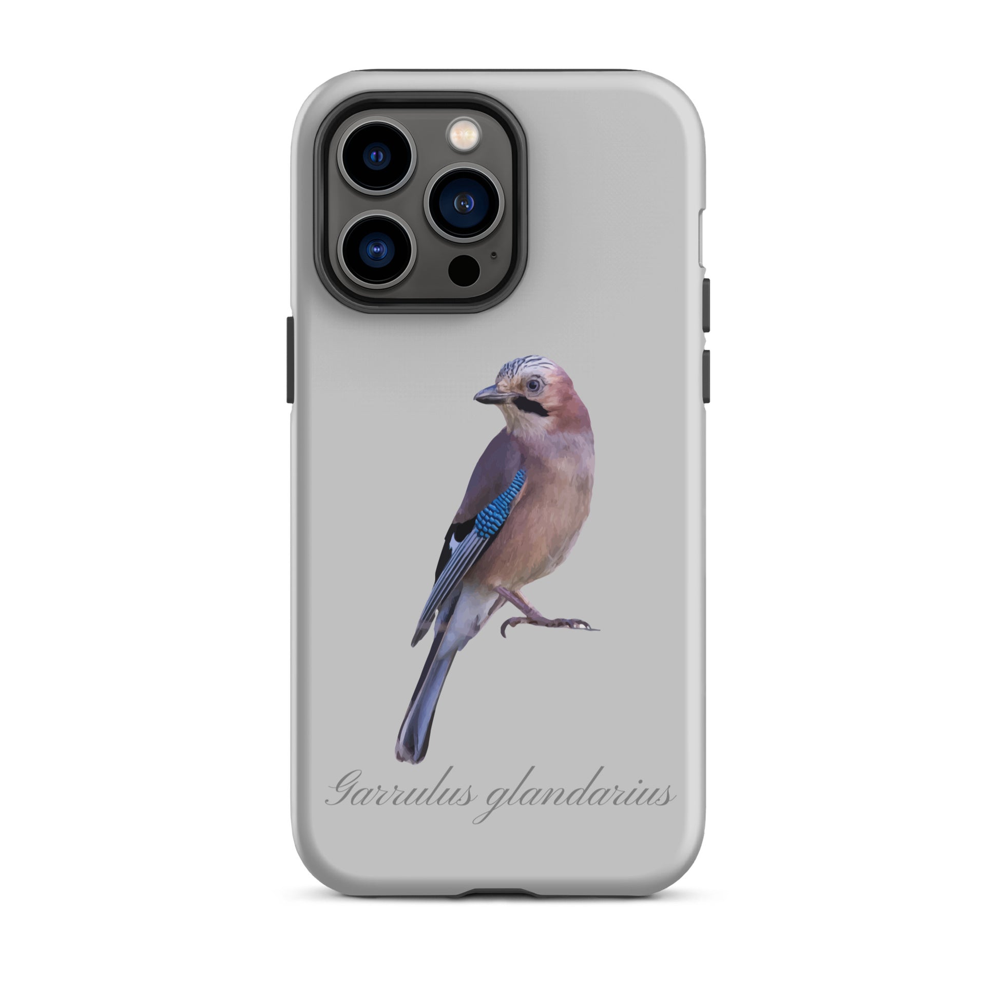 Graue iPhone-Hülle mit Eichelhäher-Design, schützende Handyhülle aus robustem Material.