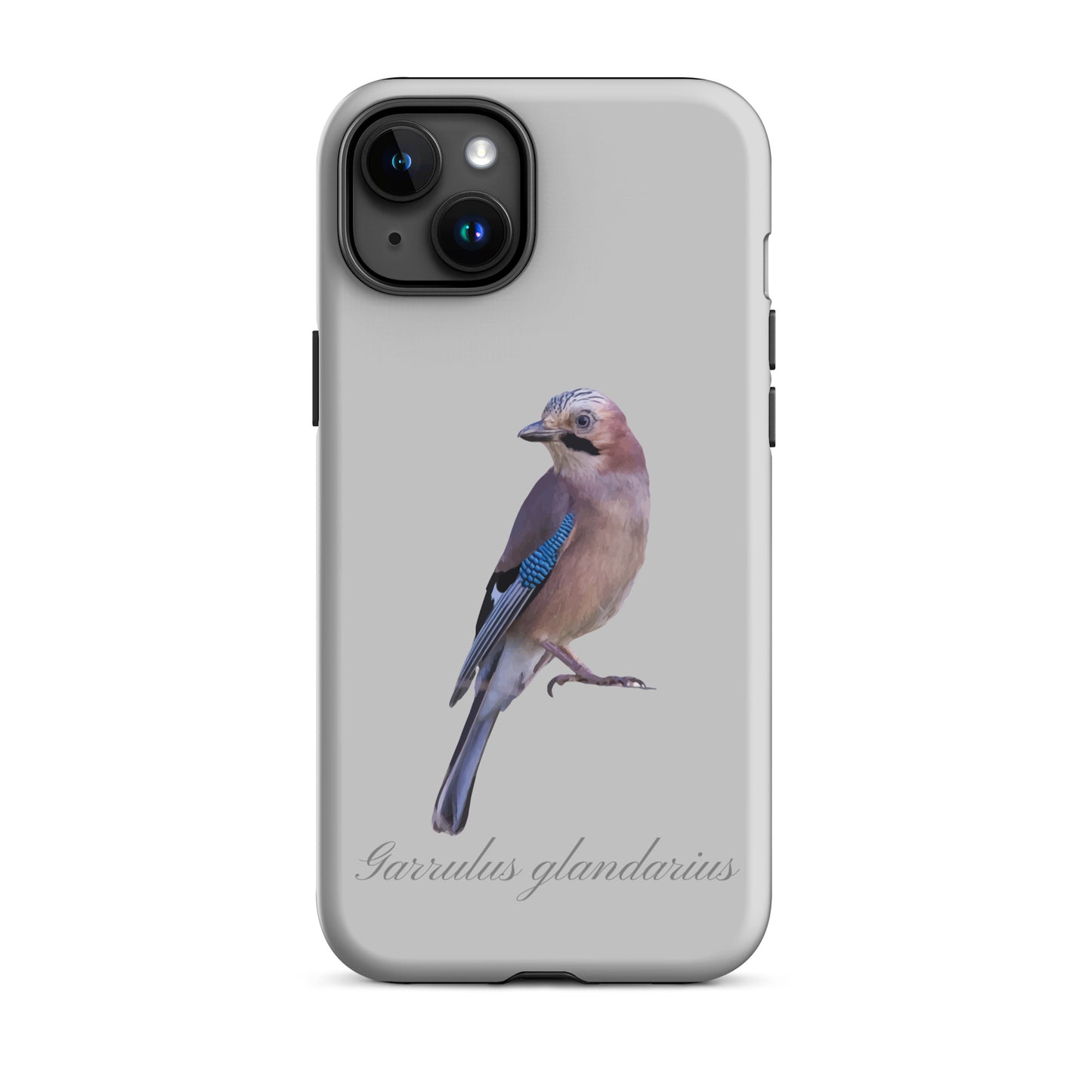 Graue iPhone Schutzhülle mit Eichelhäher-Design aus robustem Material, Seitenansicht