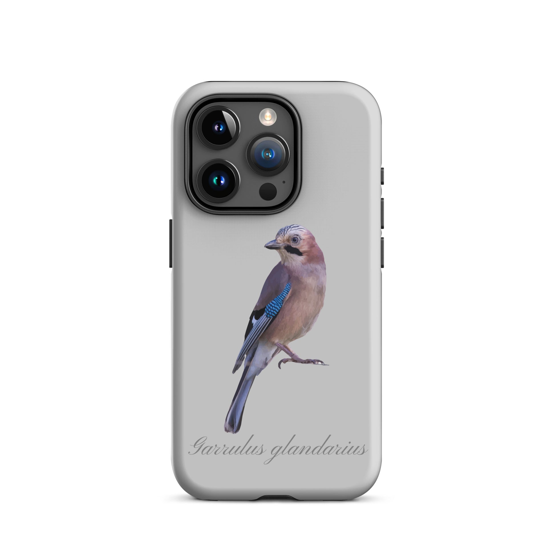 Graue iPhone-Hülle mit Eichelhäher-Motiv, Schutzhülle aus robustem Material für Apple iPhone.