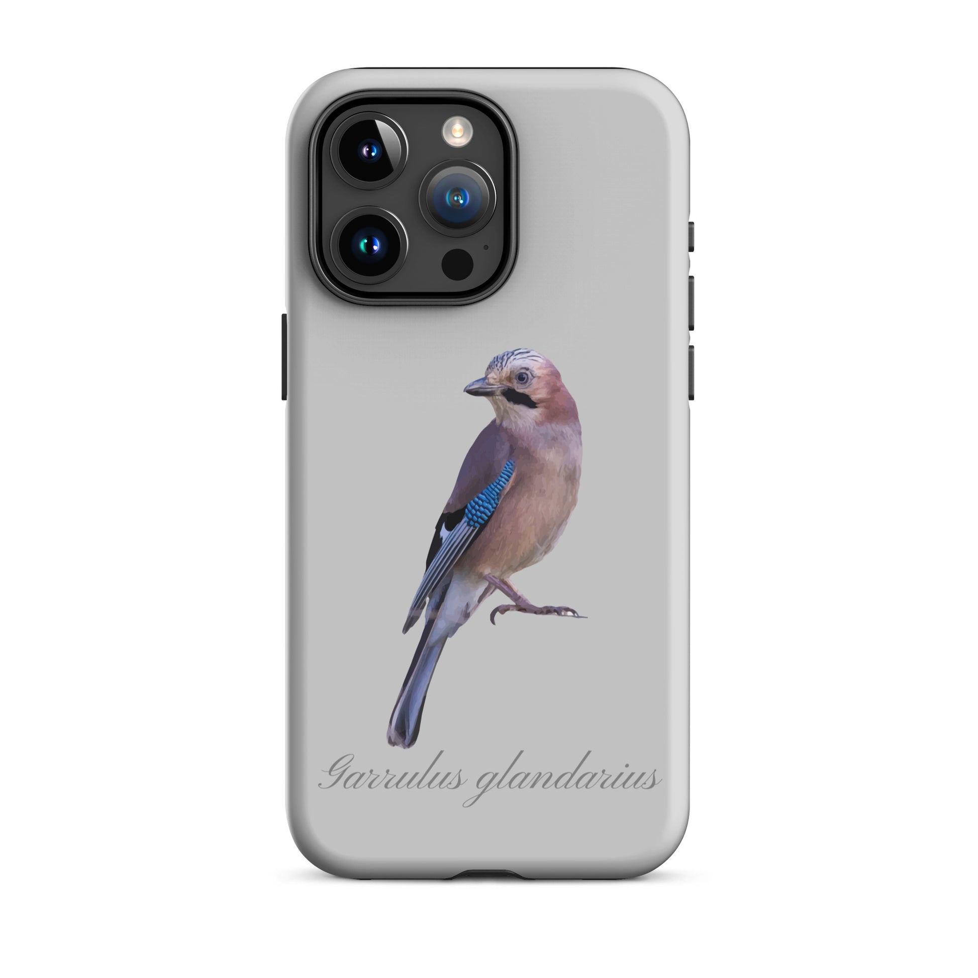 Graue iPhone-Hülle mit Eichelhäher-Motiv, robustes Design, präzise Aussparungen