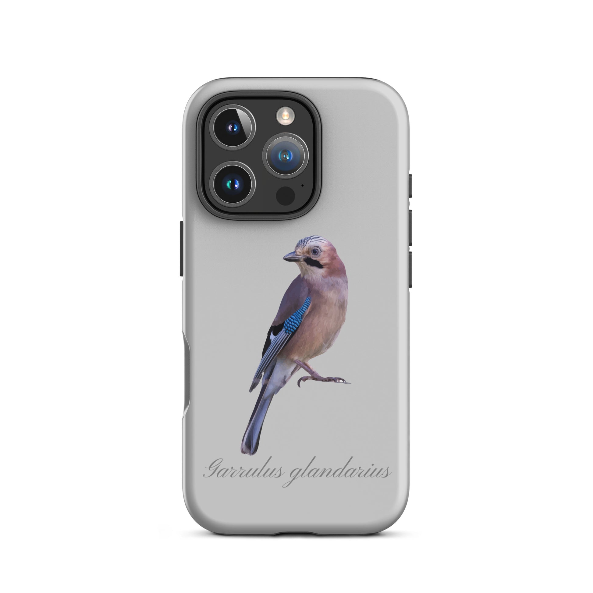 Graue iPhone-Hülle mit Eichelhäher-Motiv aus robustem Kunststoff, Schutzhülle für Apple iPhone