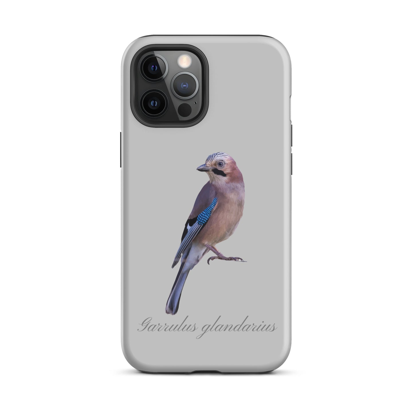 Graue iPhone Hülle mit Eichelhäher-Design aus robustem Kunststoff, Seitenansicht