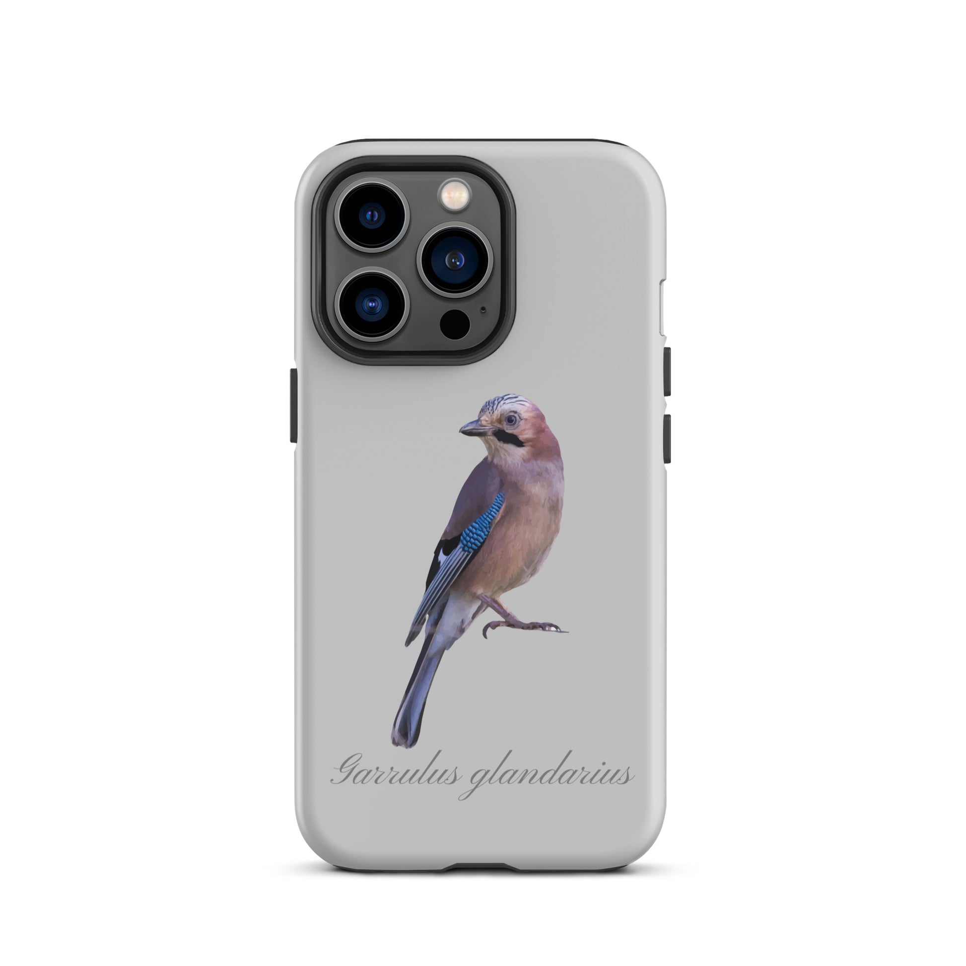Graue iPhone-Hülle mit Eichelhäher-Motiv, Schutzhülle aus robustem Material für Apple iPhone.