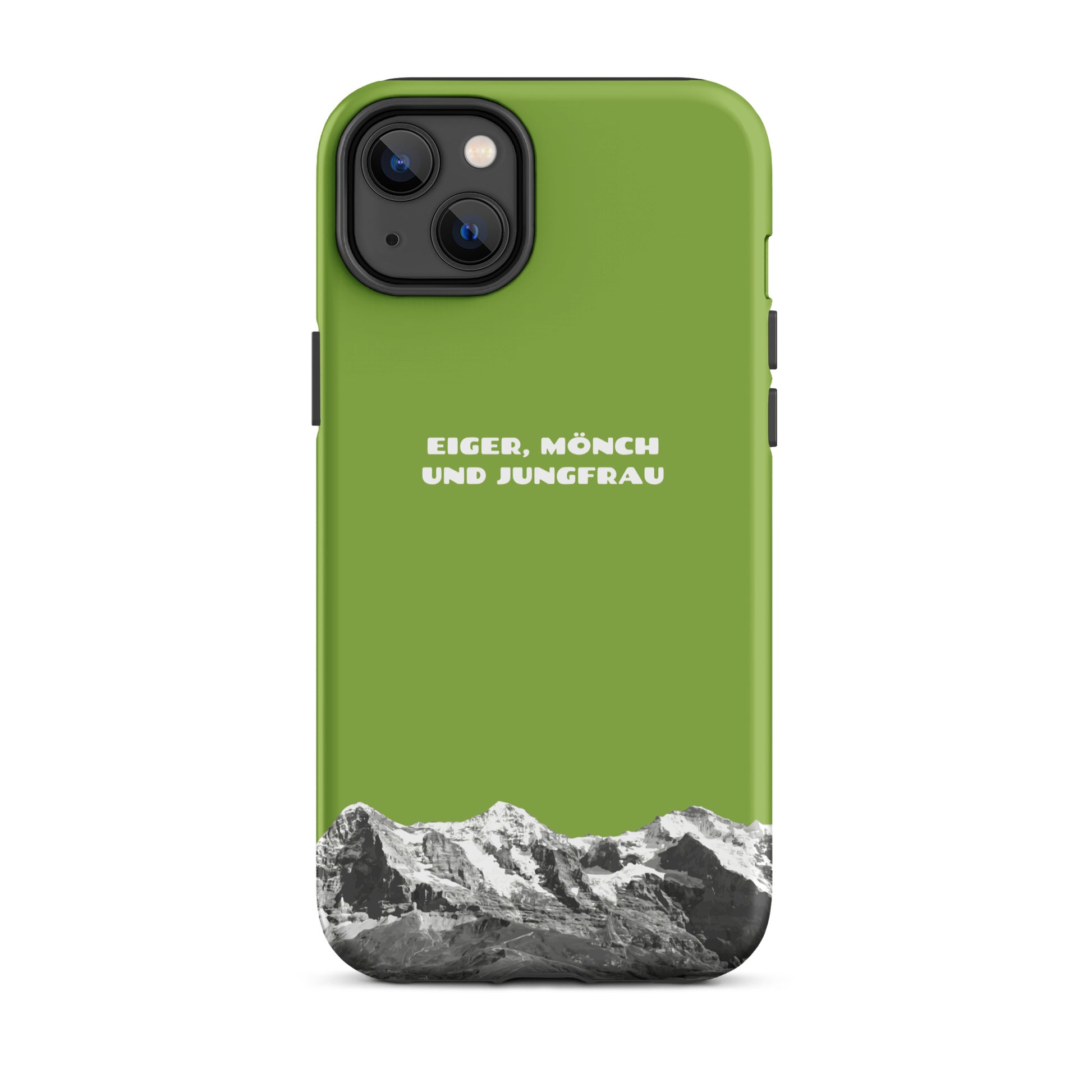 Gelbgrüne iPhone-Hülle mit Eiger, Mönch und Jungfrau Motiv aus Silikon.