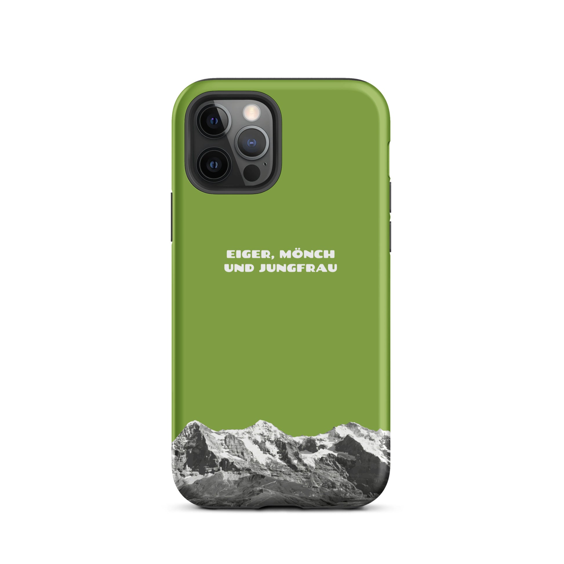 Gelbgrüne iPhone-Hülle mit Eiger, Mönch und Jungfrau Motiv, robustes Design, präzise Aussparungen.