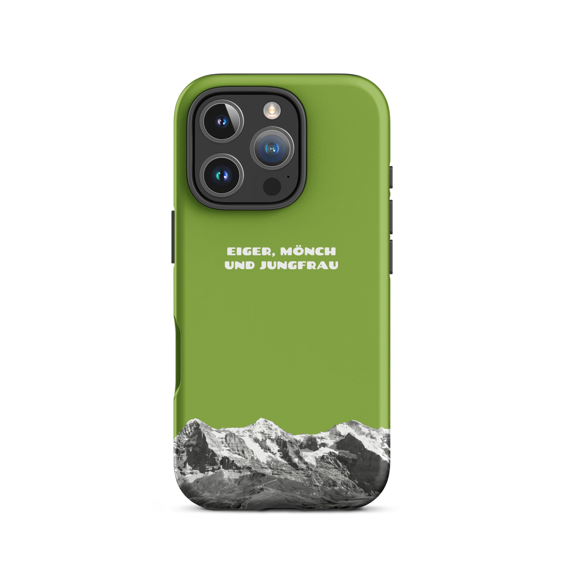 Gelbgrüne iPhone-Hülle mit Eiger, Mönch und Jungfrau Motiv in Seitenansicht.