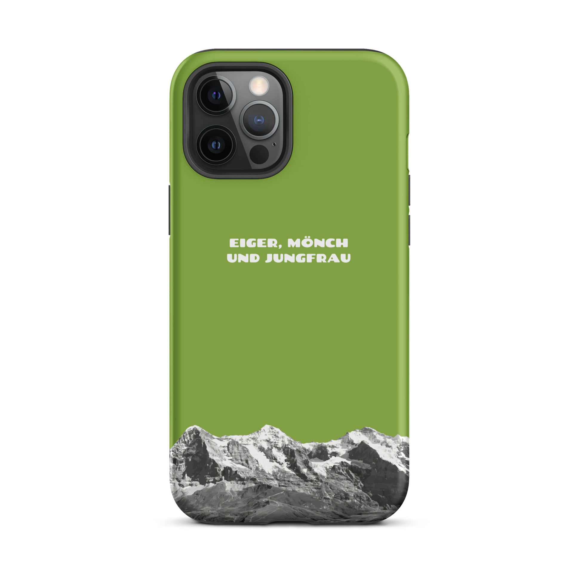 Gelbgrüne iPhone-Hülle mit Eiger, Mönch und Jungfrau Motiv in Seitenansicht.