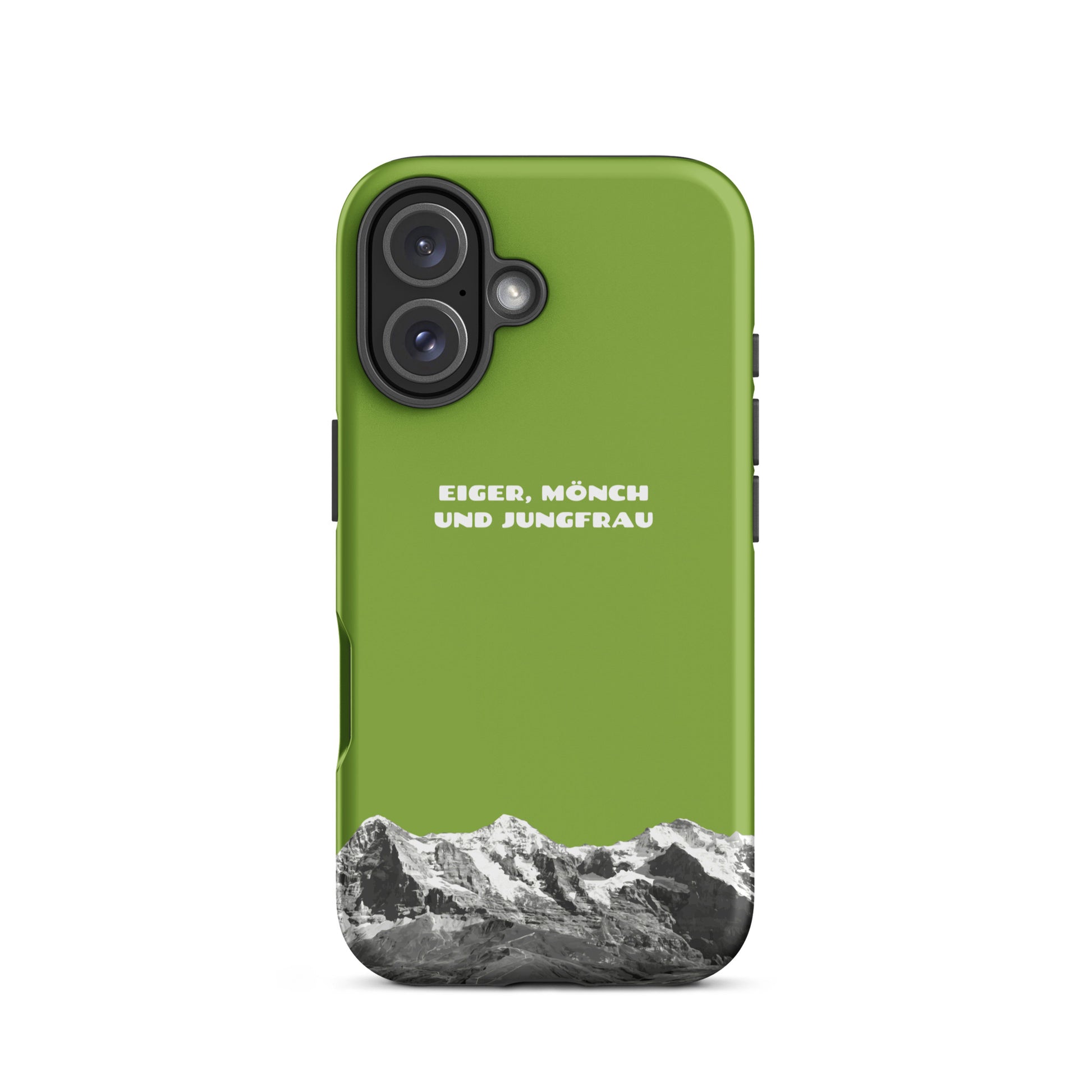 Gelbgrüne iPhone-Hülle mit Eiger, Mönch und Jungfrau Motiv