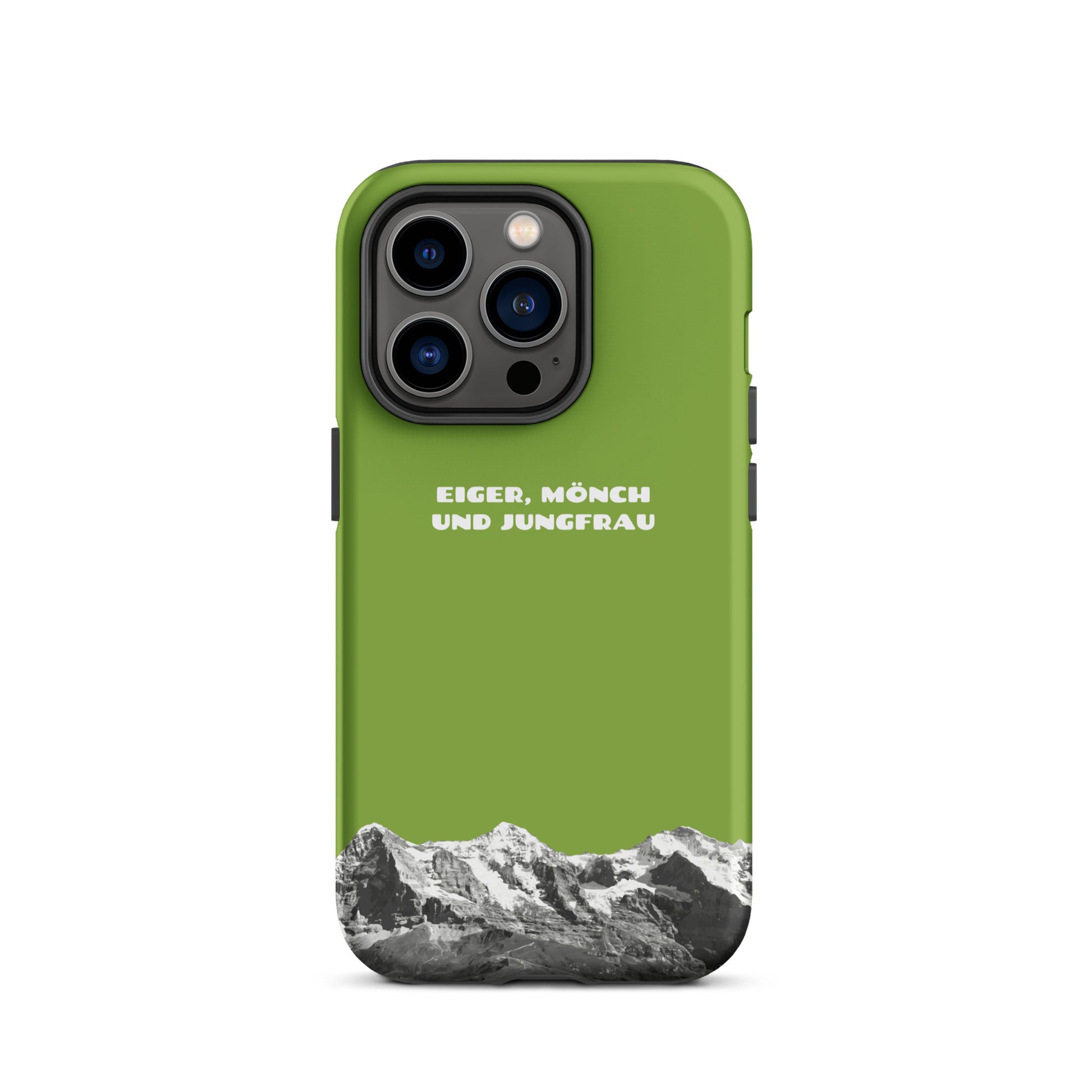 Gelbgrüne iPhone-Hülle mit Eiger, Mönch und Jungfrau Motiv in Seitenansicht.