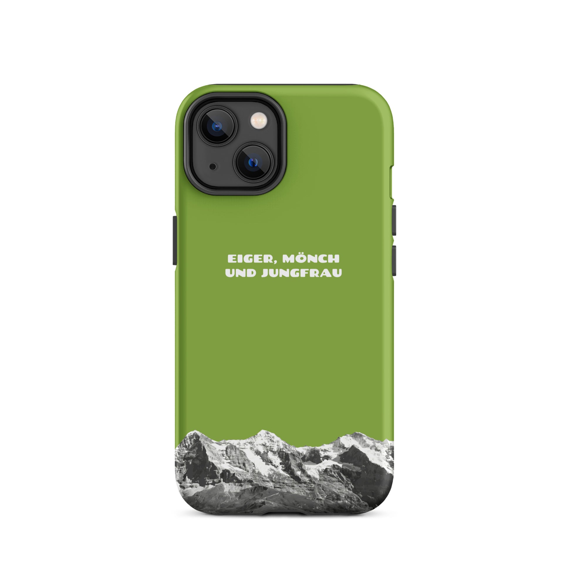 Gelbgrüne iPhone-Hülle mit Eiger, Mönch und Jungfrau Motiv
