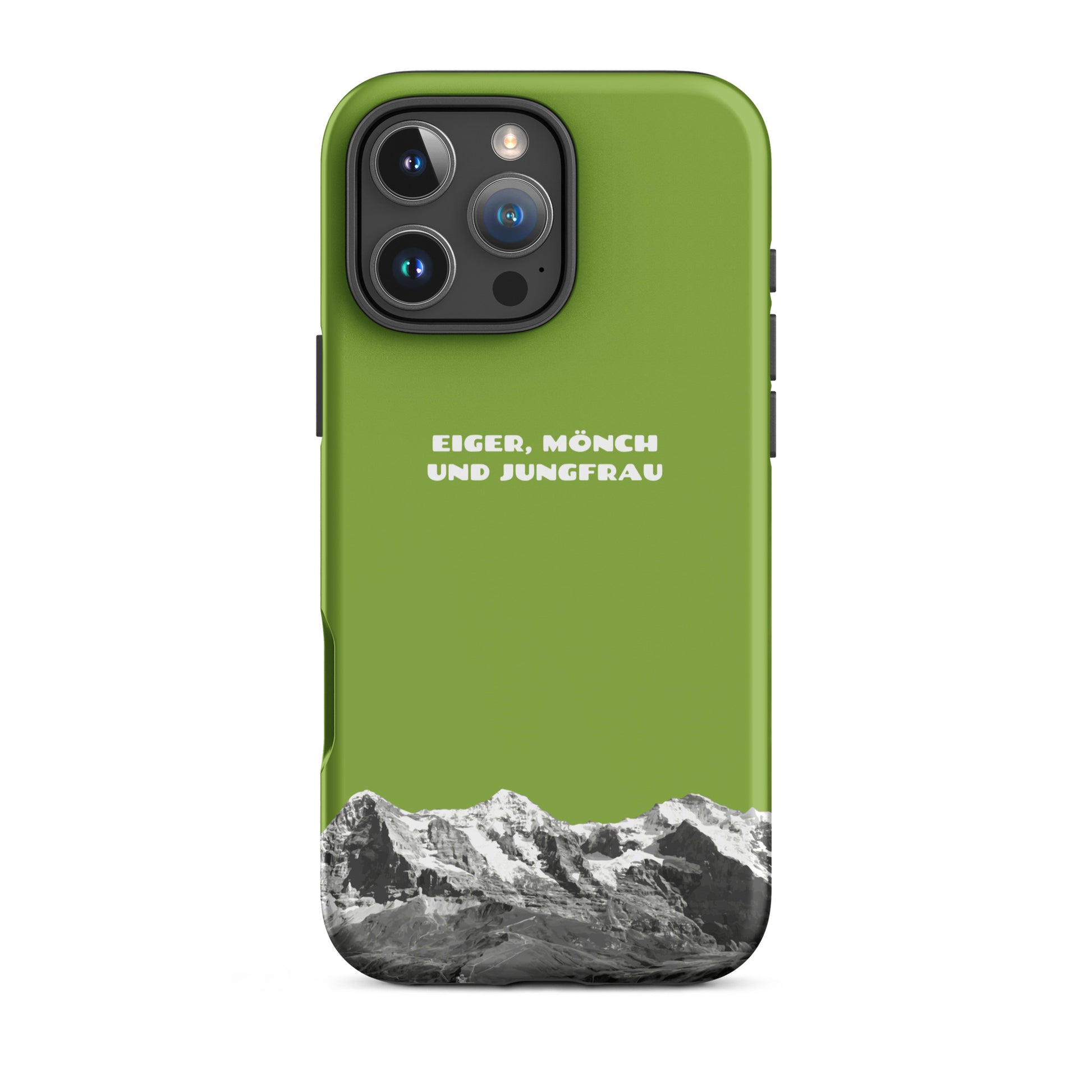 Gelbgrüne iPhone-Hülle mit Eiger, Mönch und Jungfrau Motiv aus Silikon.