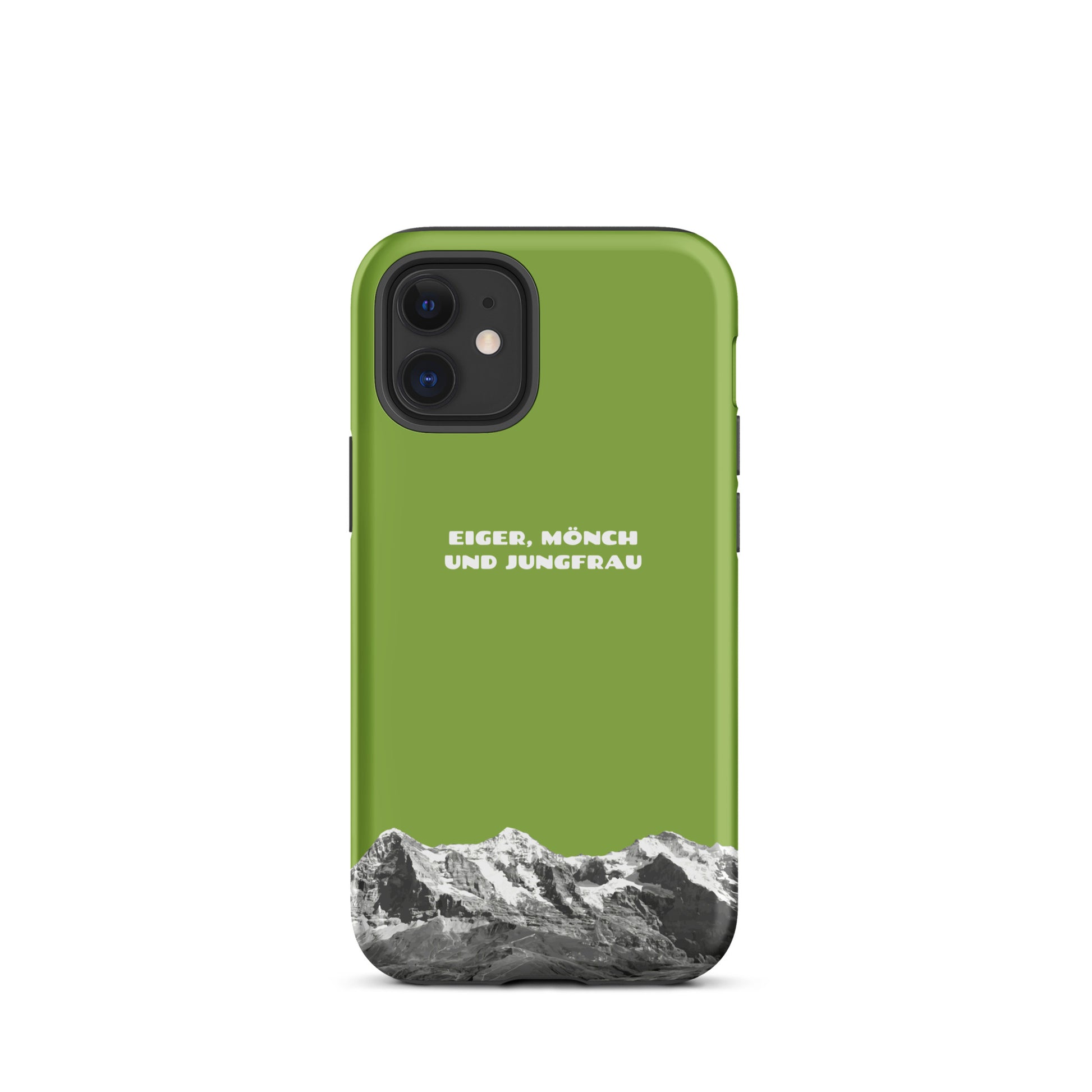 Gelbgrüne iPhone Handyhülle mit Eiger, Mönch und Jungfrau Motiv, Seitenansicht.