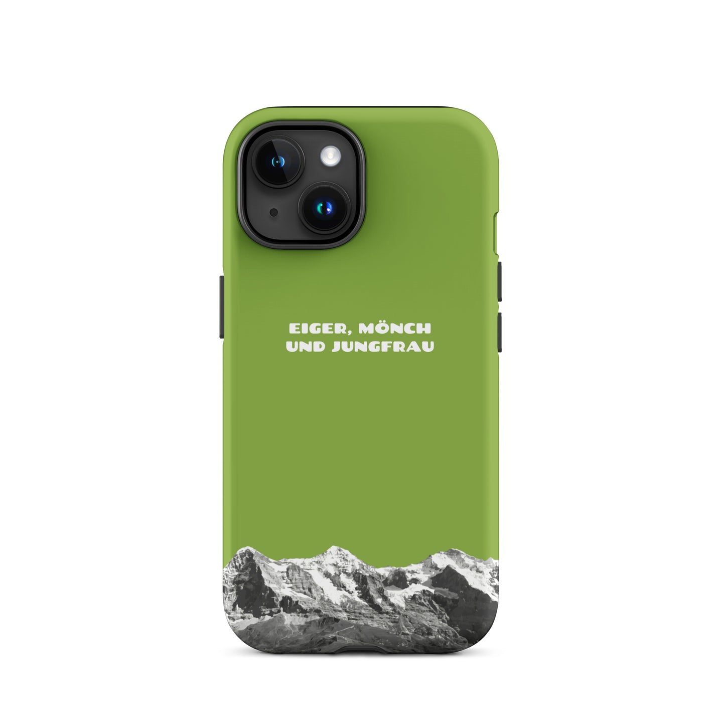 Gelbgrüne iPhone-Hülle mit Eiger, Mönch und Jungfrau Motiv, robustes Design, präzise Aussparungen.