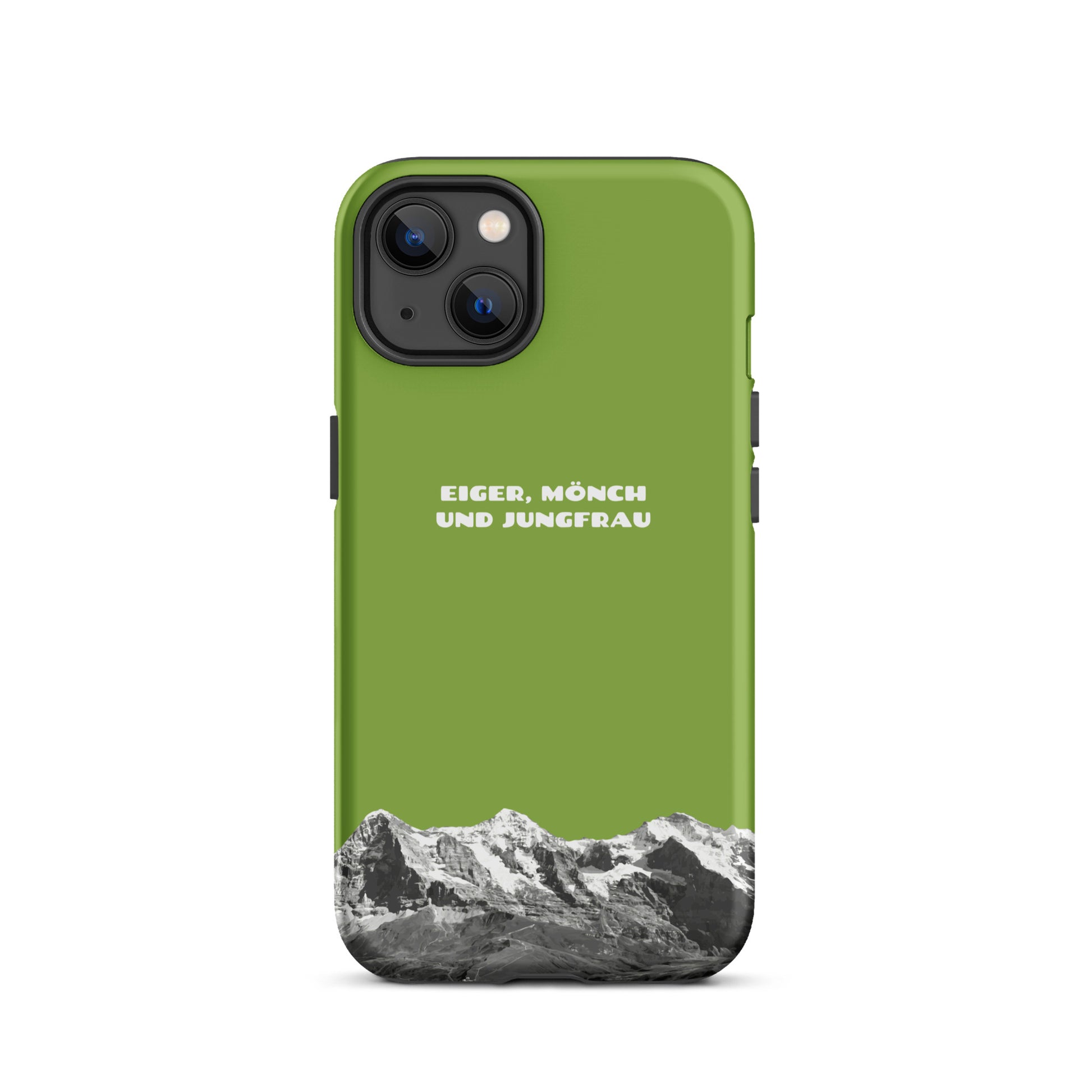 Gelbgrüne iPhone-Hülle mit Eiger, Mönch und Jungfrau Motiv, Seitenansicht.
