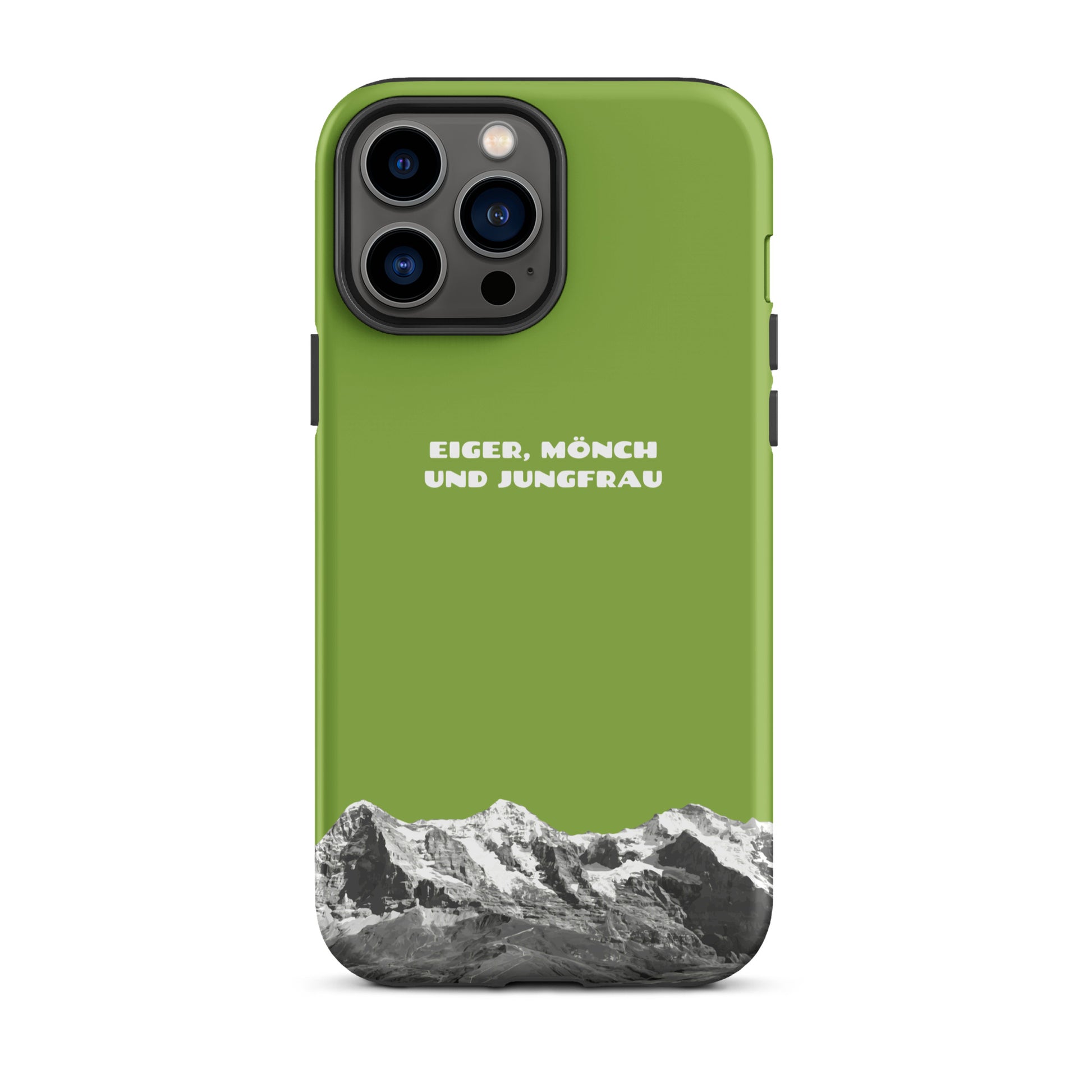 Gelbgrüne iPhone-Hülle mit Eiger, Mönch und Jungfrau Motiv, robustes Design.