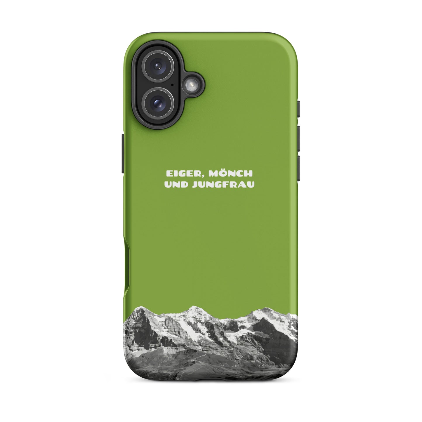 iPhone-Hülle in Gelbgrün mit Eiger, Mönch und Jungfrau Motiv, Seitenansicht.