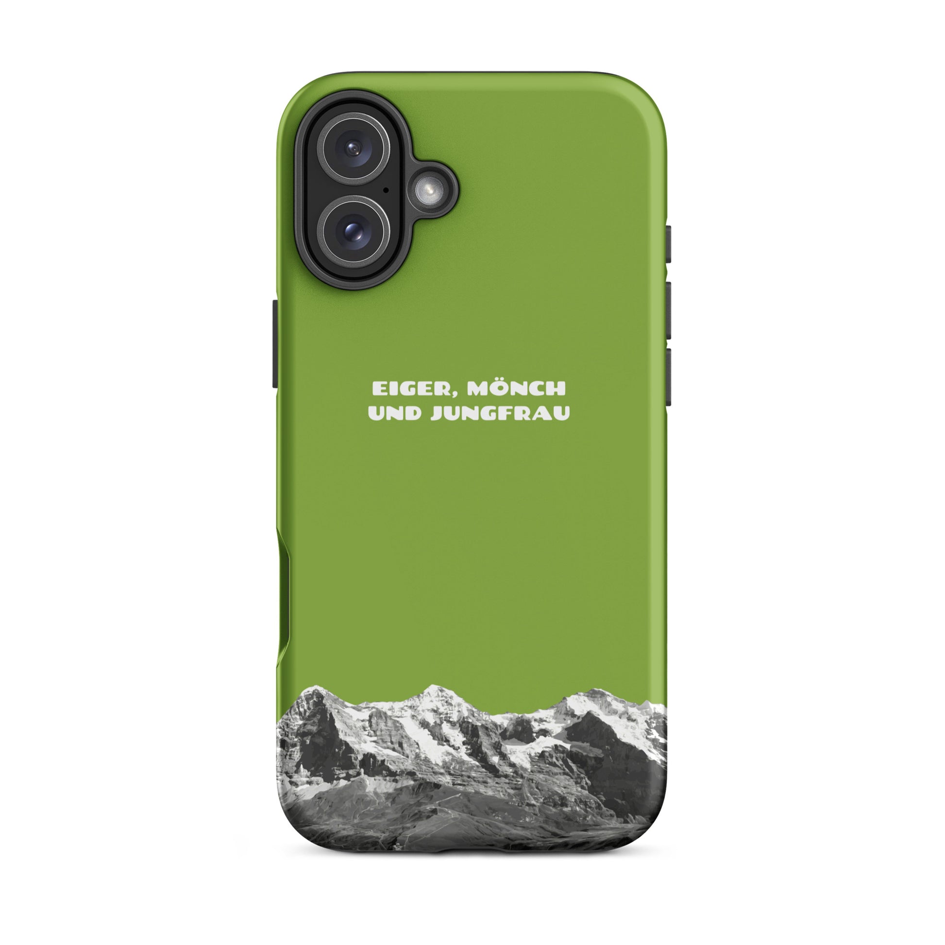 iPhone-Hülle in Gelbgrün mit Eiger, Mönch und Jungfrau Motiv, Seitenansicht.