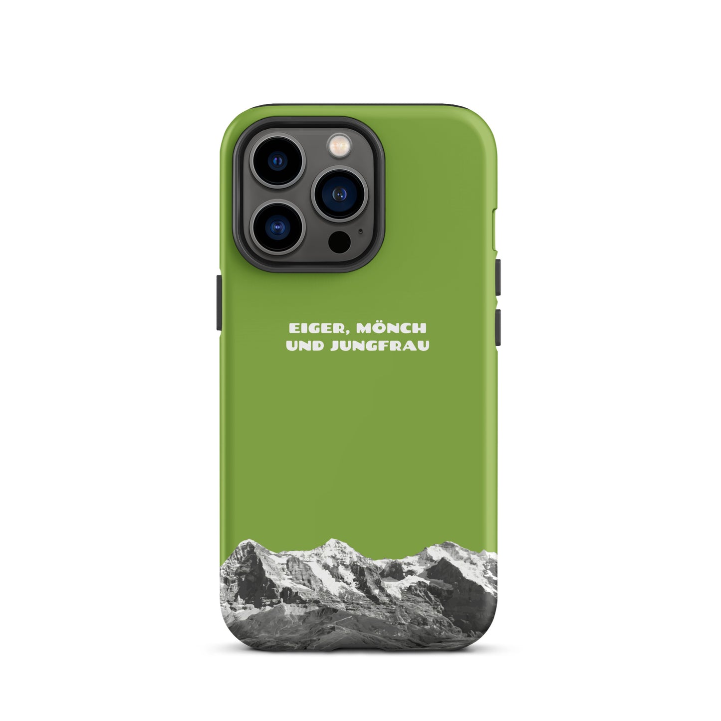 Gelbgrüne iPhone-Hülle mit Eiger, Mönch und Jungfrau Motiv in Seitenansicht