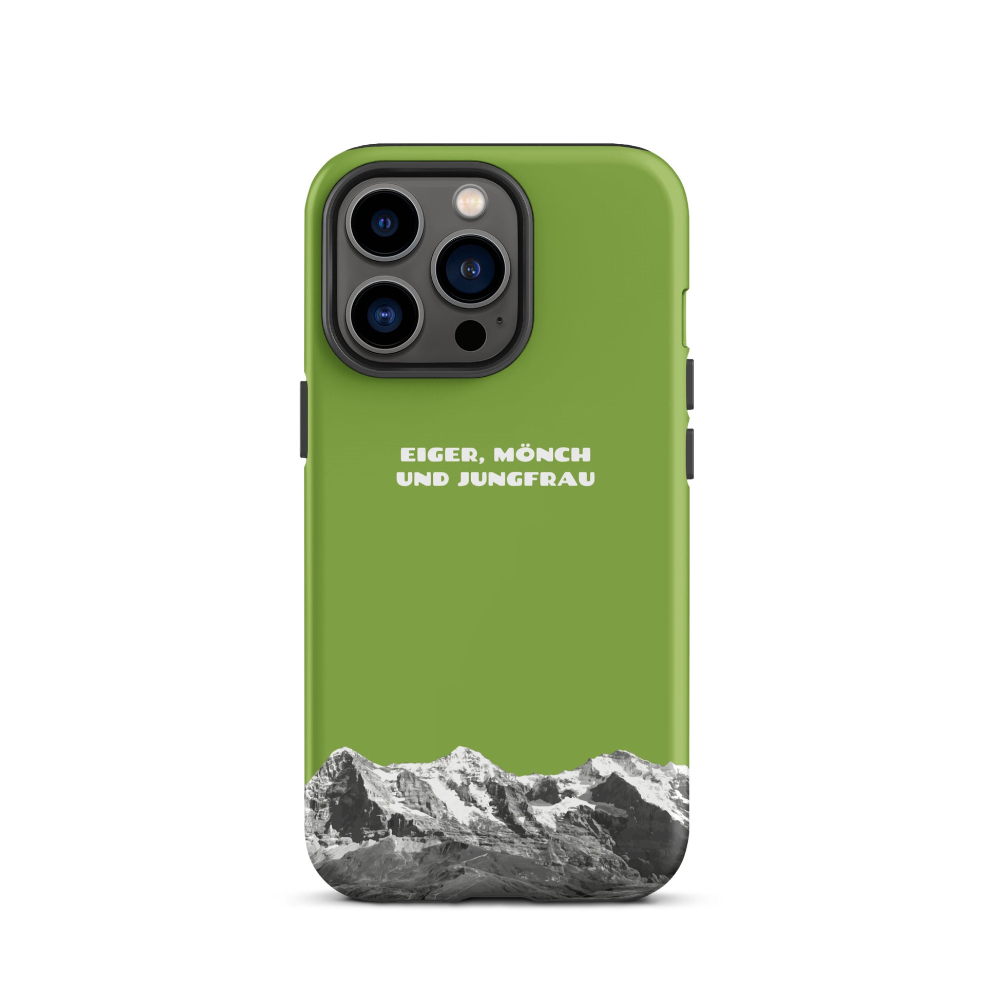 Gelbgrüne iPhone-Hülle mit Eiger, Mönch und Jungfrau Motiv in Seitenansicht