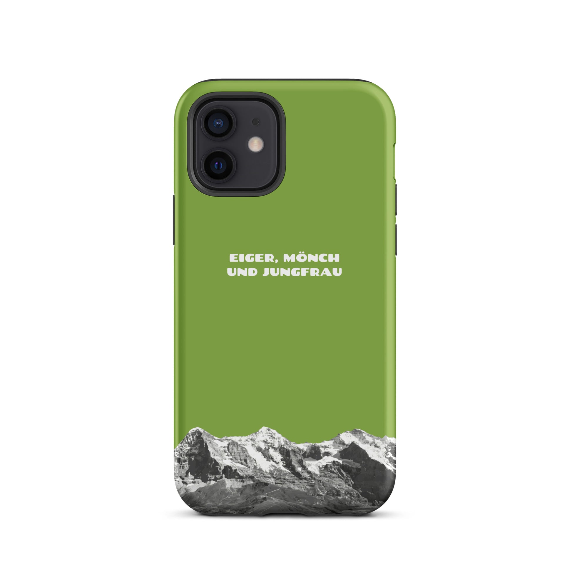 Gelbgrüne iPhone-Hülle mit Eiger, Mönch und Jungfrau Motiv, schützendes Silikonmaterial