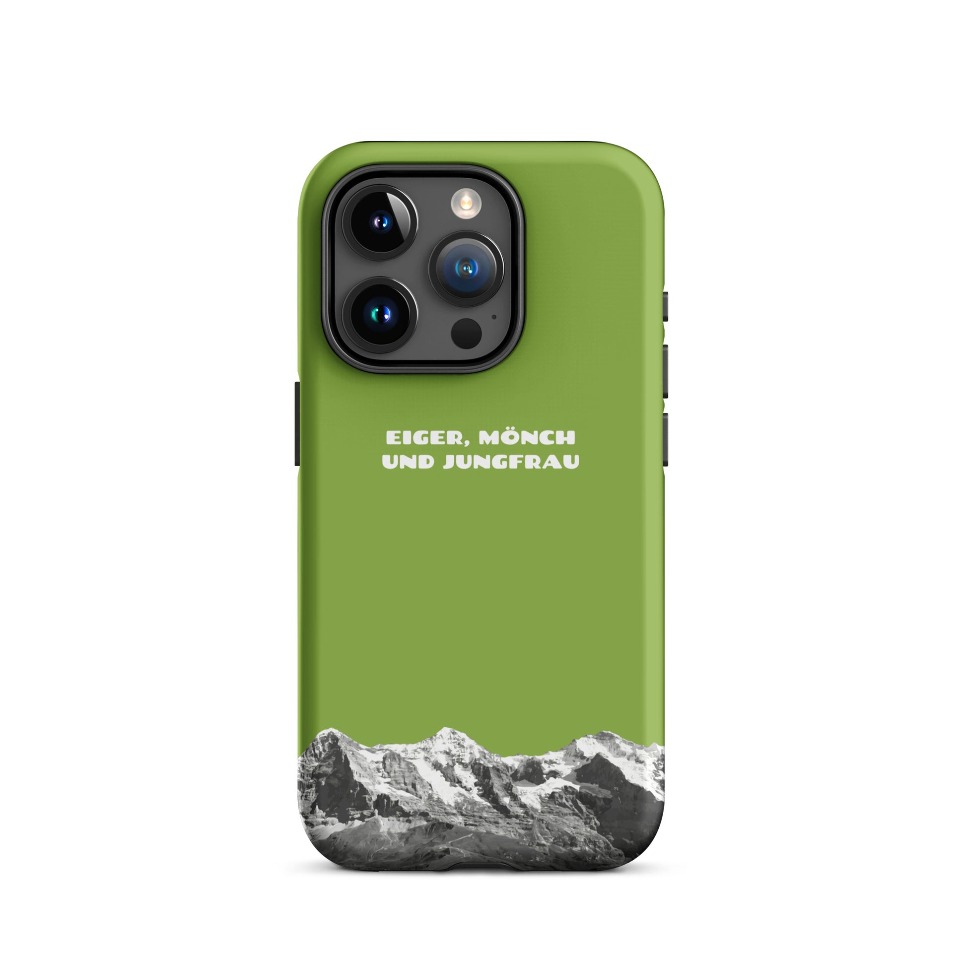 Gelbgrüne iPhone-Hülle mit Eiger, Mönch und Jungfrau Motiv, Silikon, schockabsorbierend.