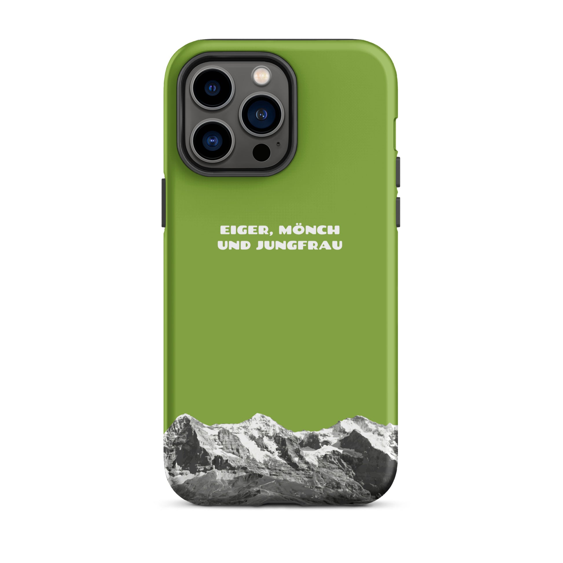 Gelbgrüne iPhone-Hülle mit Eiger, Mönch und Jungfrau Motiv, robustes Design, Seitenansicht.
