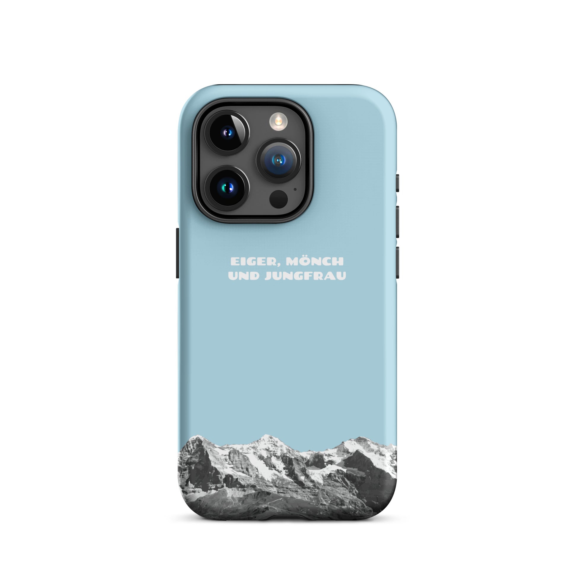 Hellblaue iPhone Handyhülle mit Eiger, Mönch und Jungfrau Motiv aus dem Berner Oberland, Schweiz
