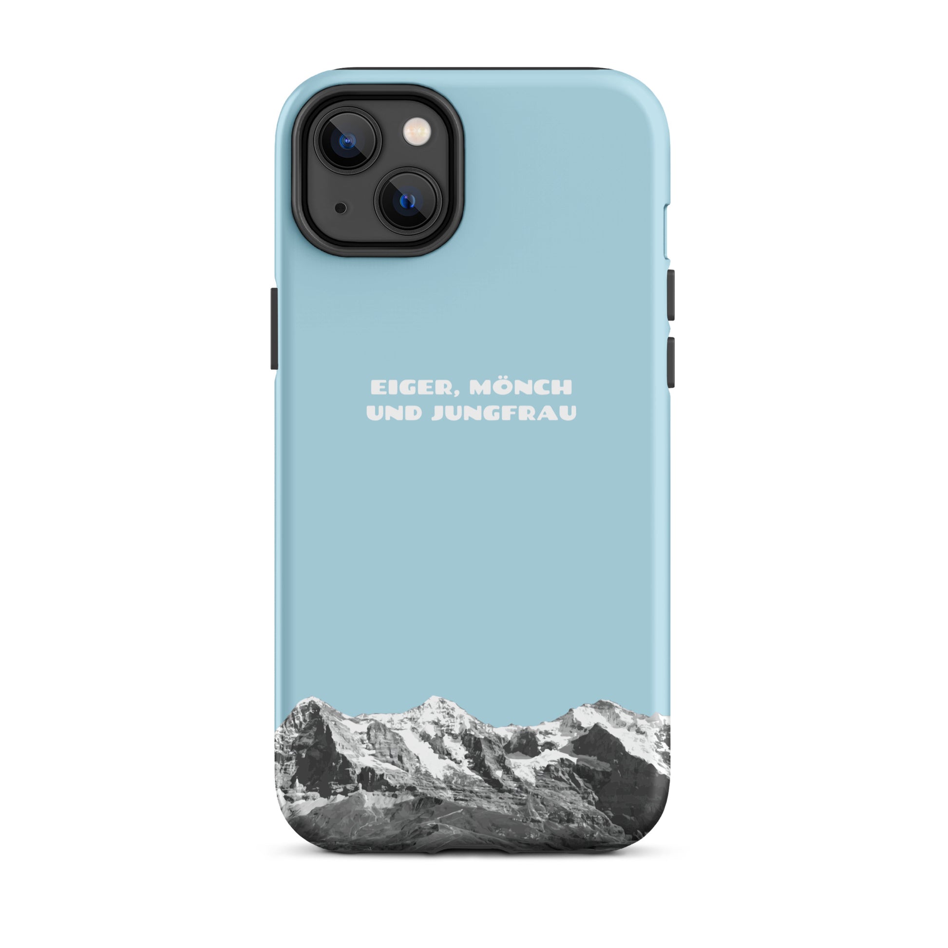 Hellblaue iPhone Handyhülle mit Eiger, Mönch und Jungfrau Motiv. Hard Case für Apple iPhone mit Bergpanorama aus dem Berner Oberland.