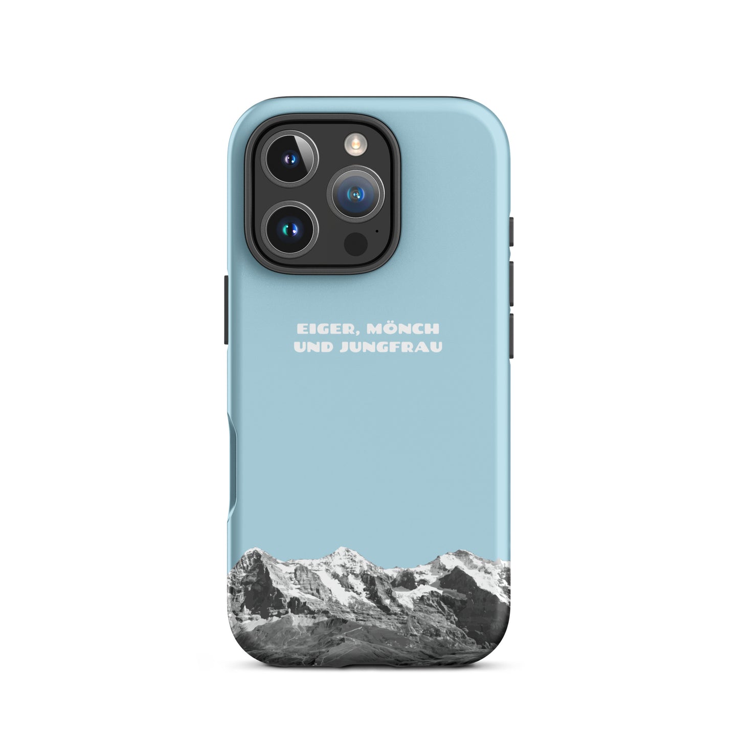 Hellblaue iPhone Hülle mit Eiger, Mönch und Jungfrau Motiv. Schutzhülle aus hartem Kunststoff für Apple iPhone.