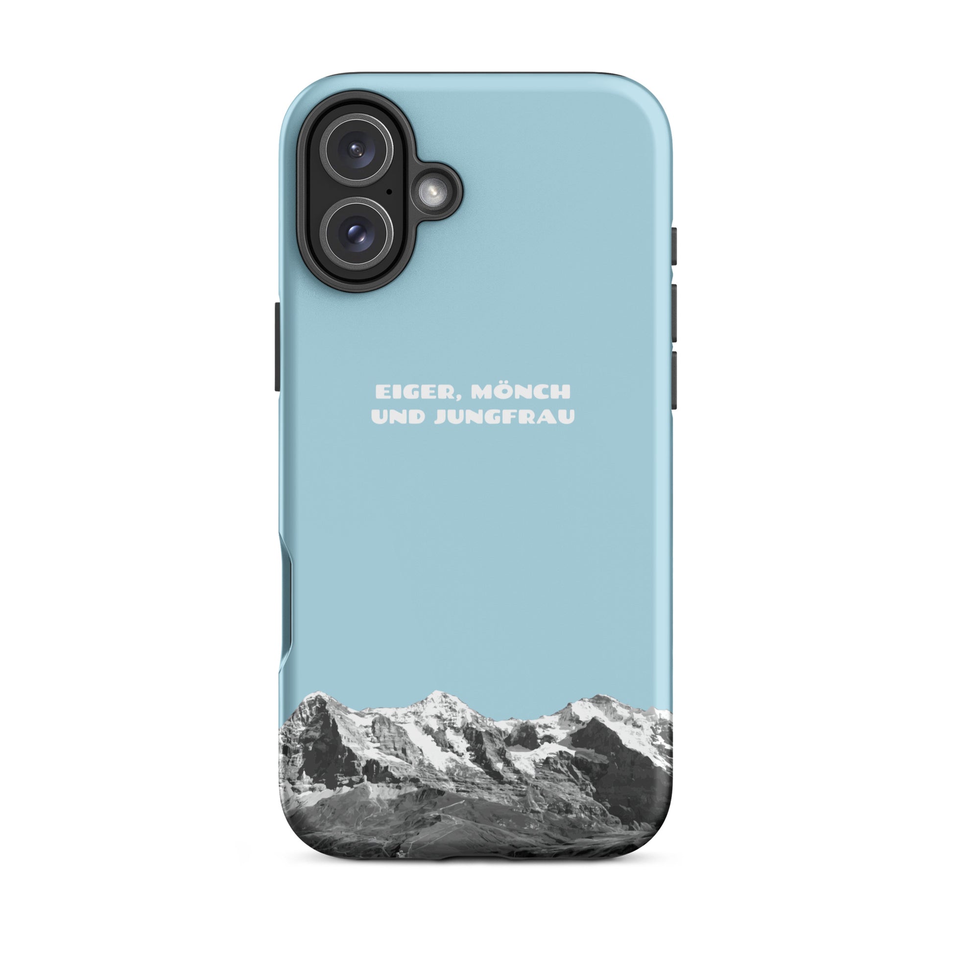 Hellblaue iPhone Hülle mit Eiger, Mönch und Jungfrau Motiv. Hartschalen-Case für Apple iPhone mit Alpenpanorama.
