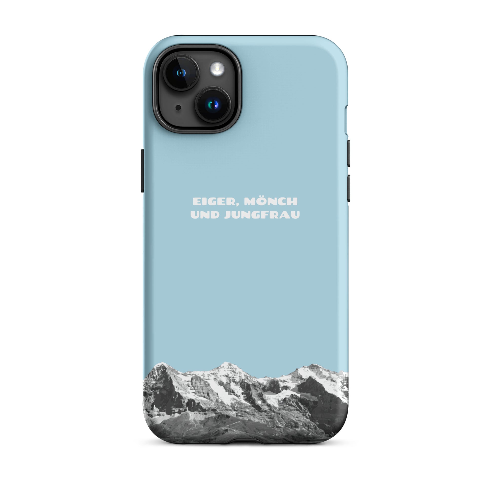 Hellblaue iPhone Hülle mit Eiger, Mönch und Jungfrau Bergmotiv aus dem Berner Oberland, Schweiz
