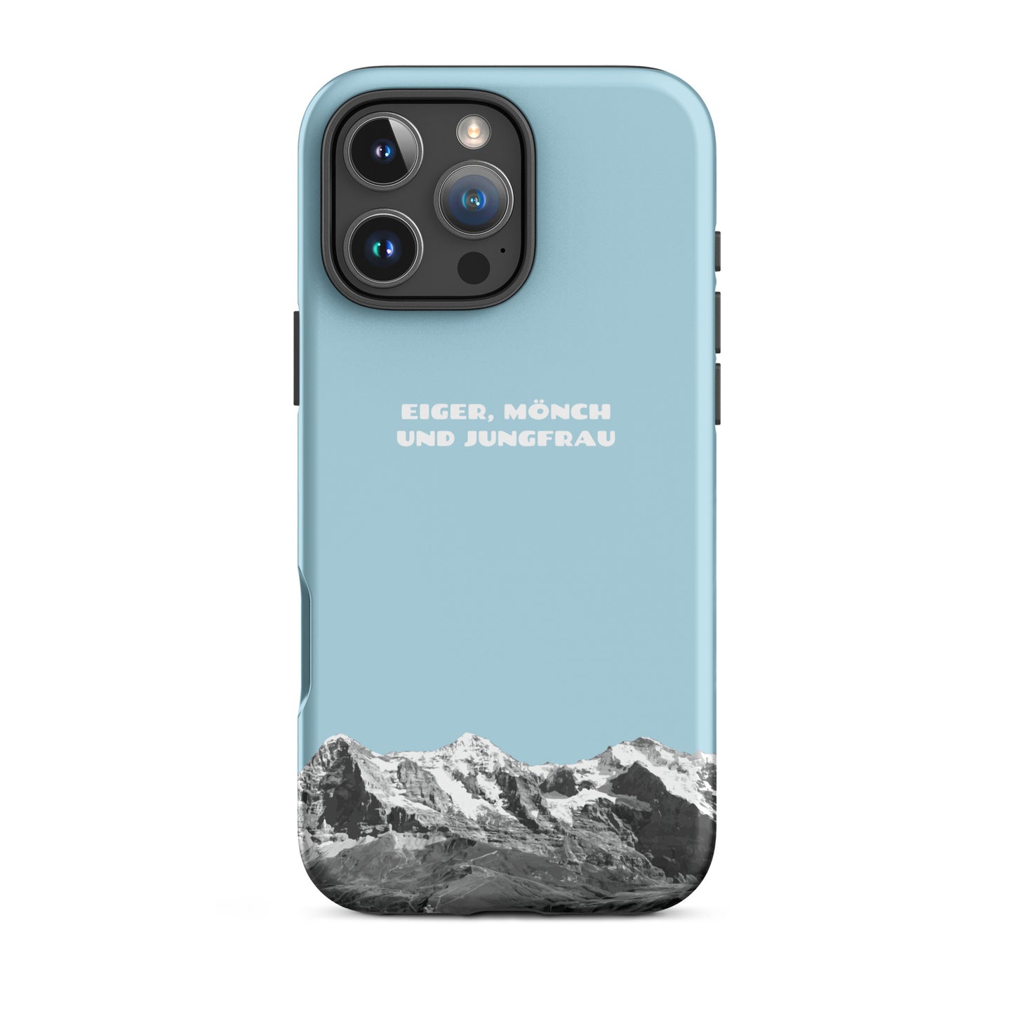 Hellblaue iPhone Hülle mit Eiger, Mönch und Jungfrau Motiv. Hartschalen-Case für Apple iPhone mit Alpenpanorama.