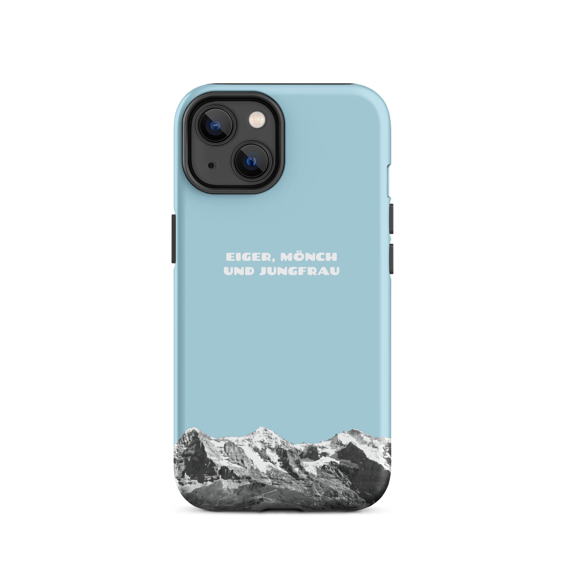 Hellblaue iPhone Hülle mit Eiger, Mönch und Jungfrau Motiv aus dem Berner Oberland, Schweizer Alpen