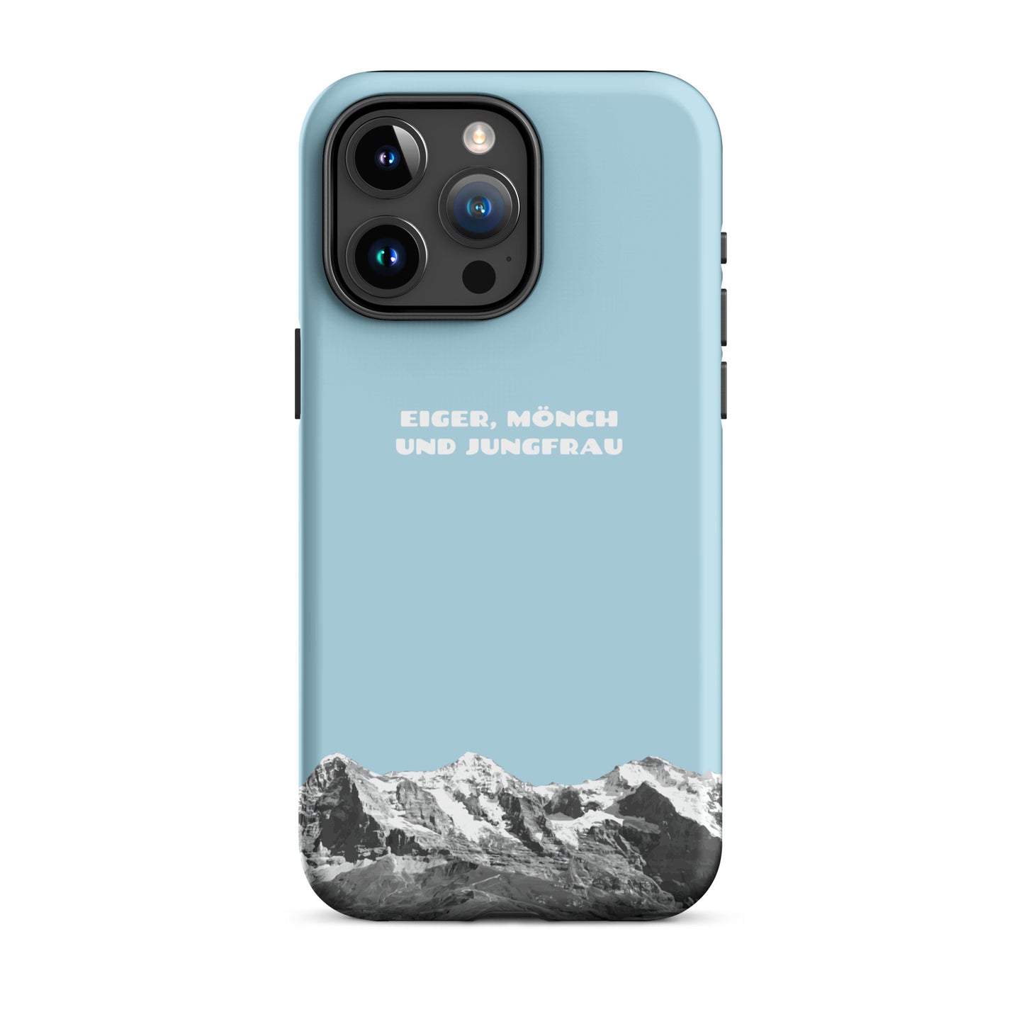 Hellblaue iPhone Hard Case mit Eiger, Mönch und Jungfrau Bergpanorama aus dem Berner Oberland, Schweizer Alpen