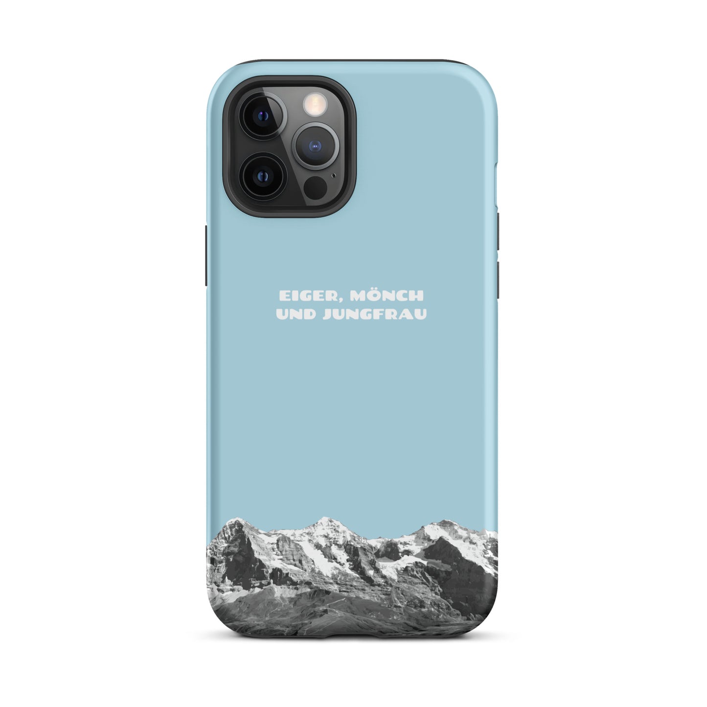 Schutzhülle für iPhone mit Bergmotiv Eiger, Mönch und Jungfrau in Hellblau, robustes Hard Case mit Alpenpanorama aus dem Berner Oberland.