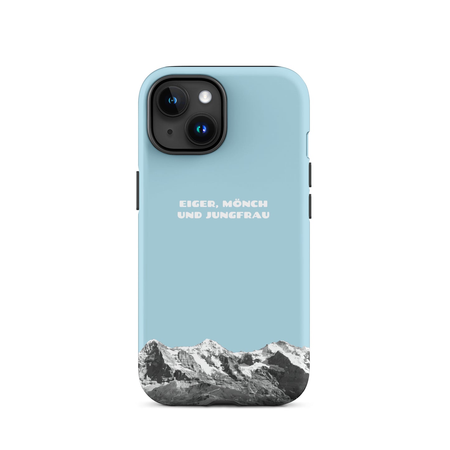Schützende iPhone-Hülle in Hellblau mit Eiger, Mönch und Jungfrau Bergmotiv aus dem Berner Oberland, Schweizer Alpen.