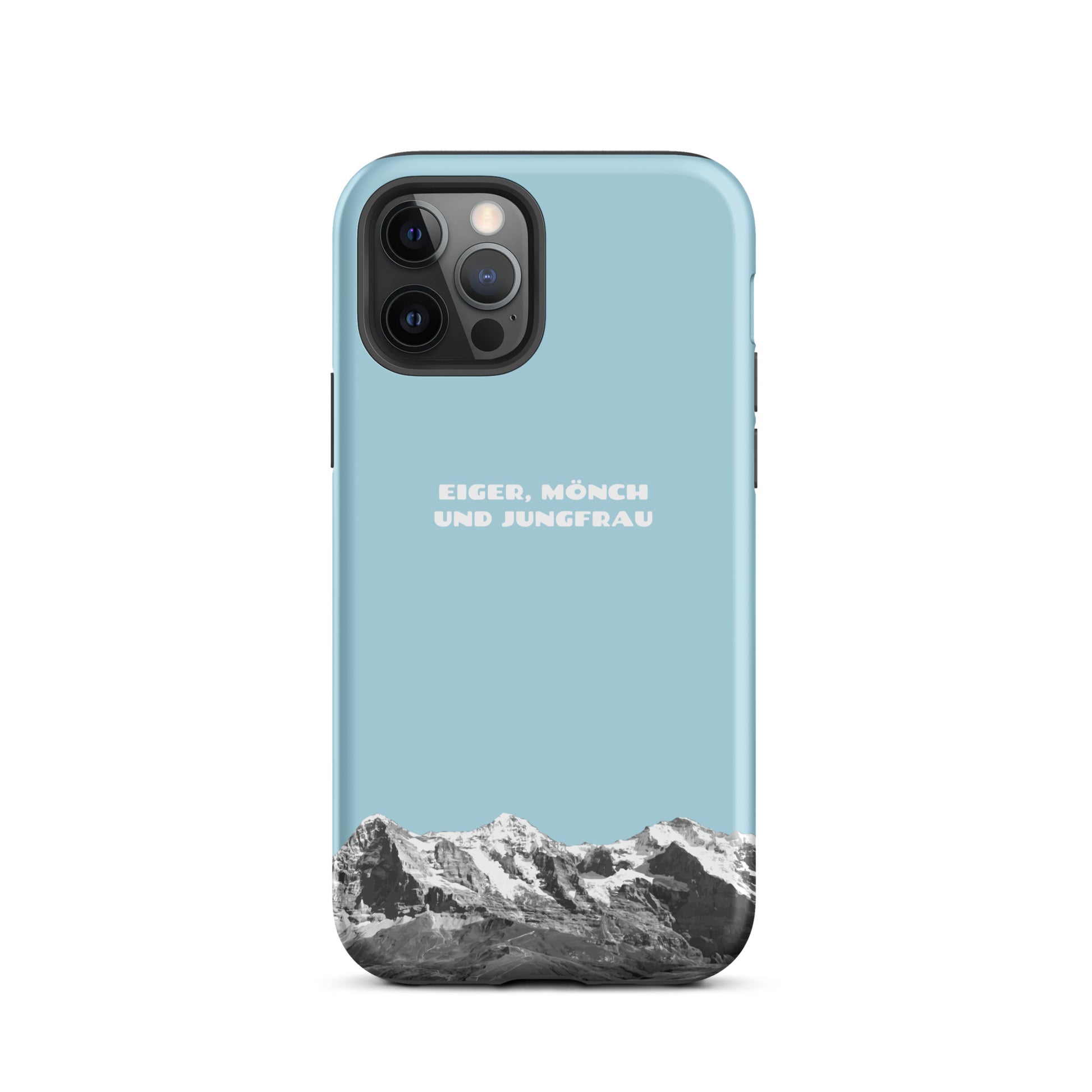 Hellblaue iPhone Hard Case mit Eiger, Mönch und Jungfrau Bergpanorama aus dem Berner Oberland, Schweizer Alpen.