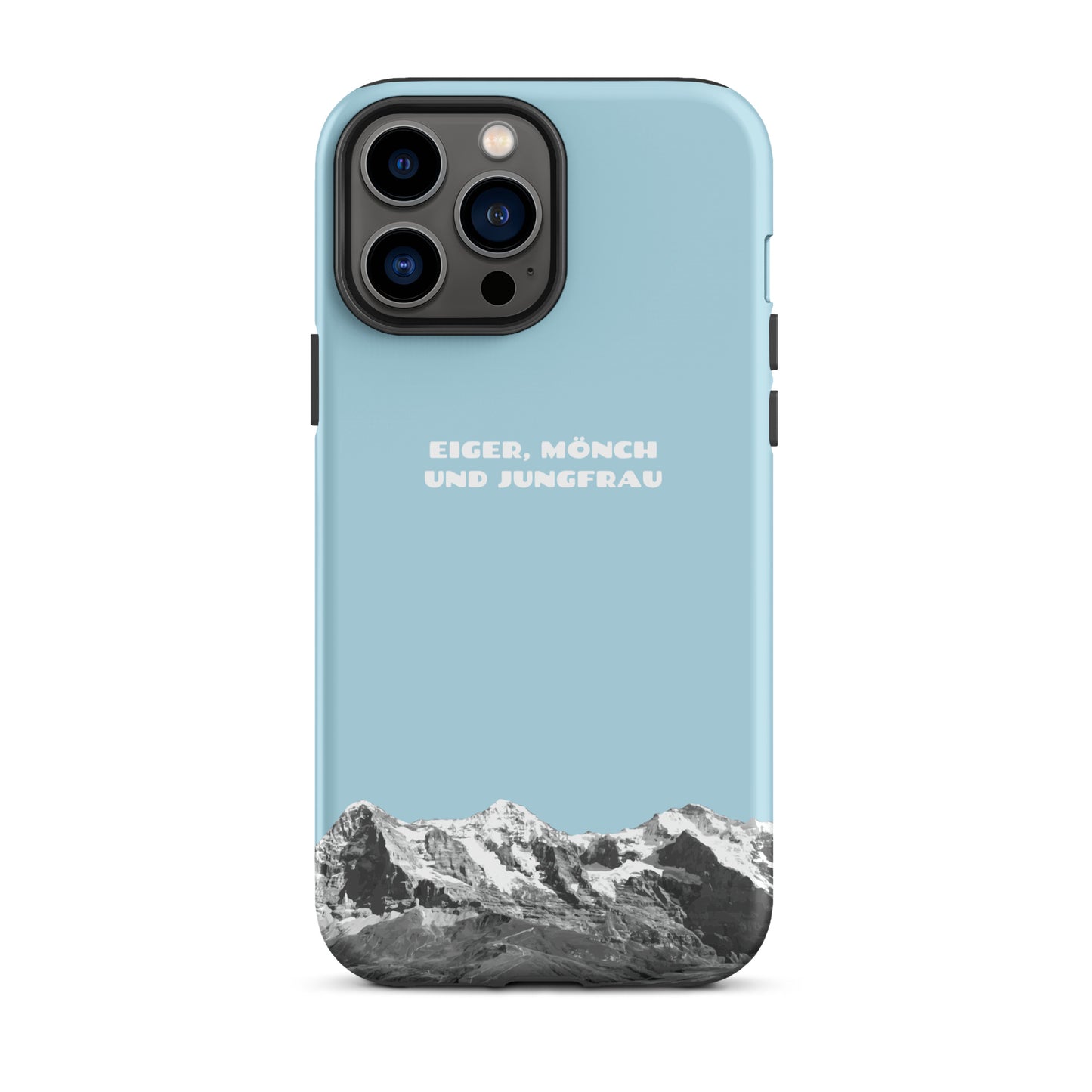 Hellblaue iPhone Hard Case mit Eiger, Mönch und Jungfrau Bergpanorama aus dem Berner Oberland, Schweizer Alpen