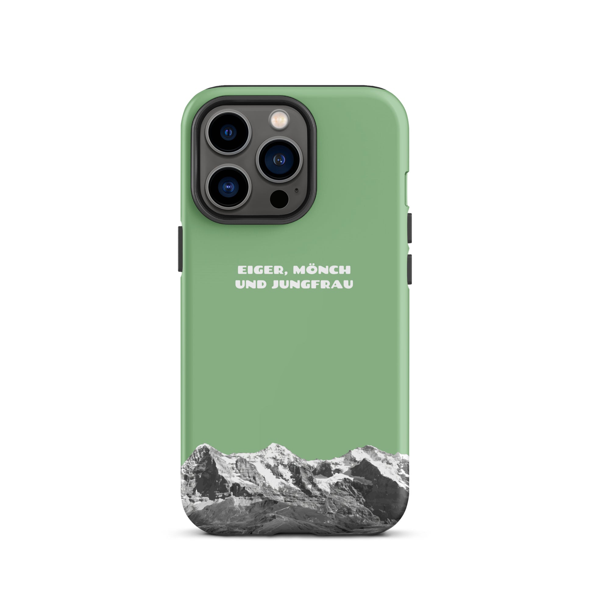 Grüne iPhone Hülle mit Eiger, Mönch und Jungfrau Motiv. Hard Case für Apple iPhone mit Bergpanorama aus den Schweizer Alpen.