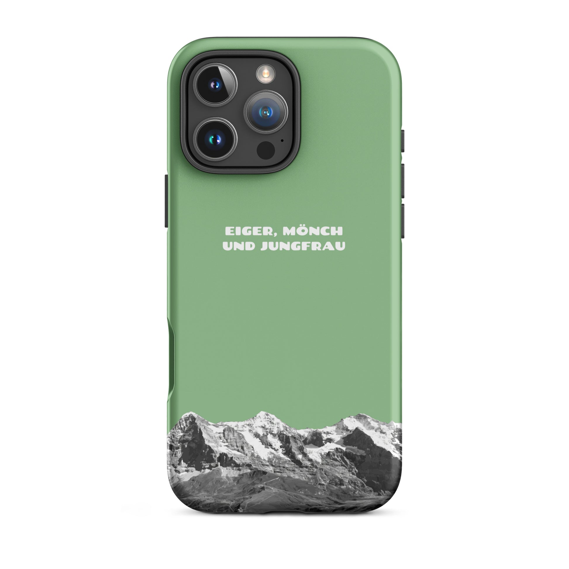 Hellgrüne iPhone-Hülle mit Eiger, Mönch und Jungfrau Motiv, robustes Hard Case für Apple iPhone, Schweizer Alpen Design