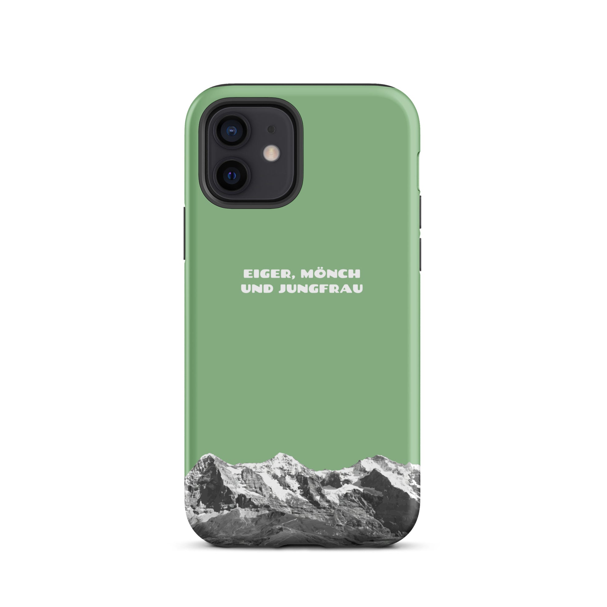 Hellgrüne iPhone Hülle mit Eiger, Mönch und Jungfrau Motiv. Hard Case für Apple iPhone mit Bergpanorama aus dem Berner Oberland.