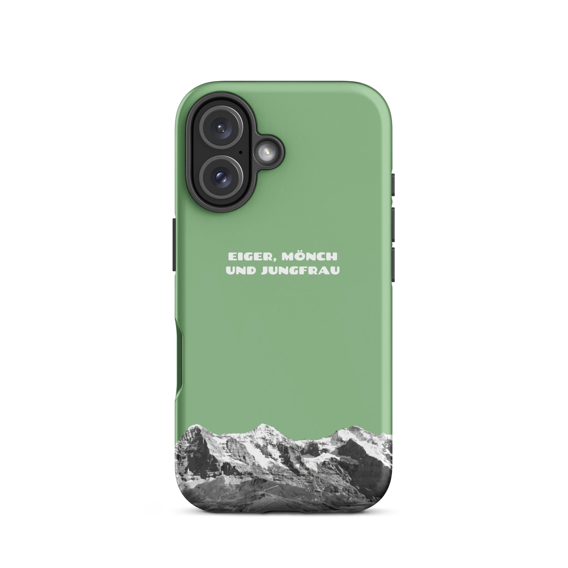 Hellgrüne iPhone-Hülle mit Eiger, Mönch und Jungfrau Motiv. Hartschalen-Case für Apple iPhone mit Alpenpanorama aus dem Berner Oberland.