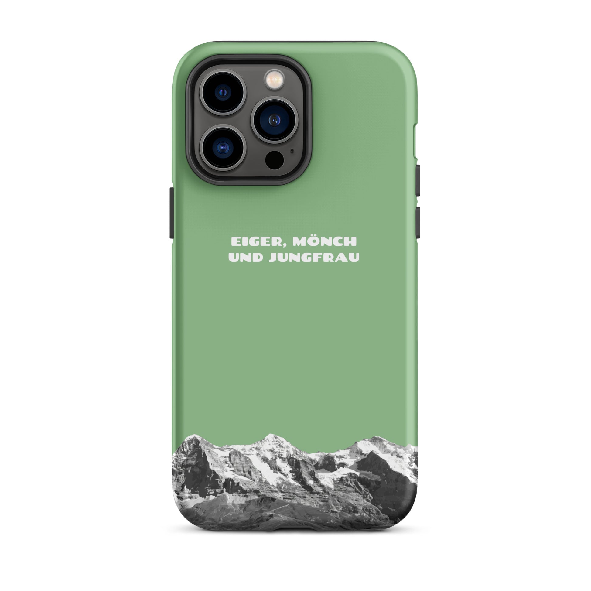 Hellgrüne iPhone Hard Case mit Bergpanorama von Eiger, Mönch und Jungfrau im Berner Oberland.