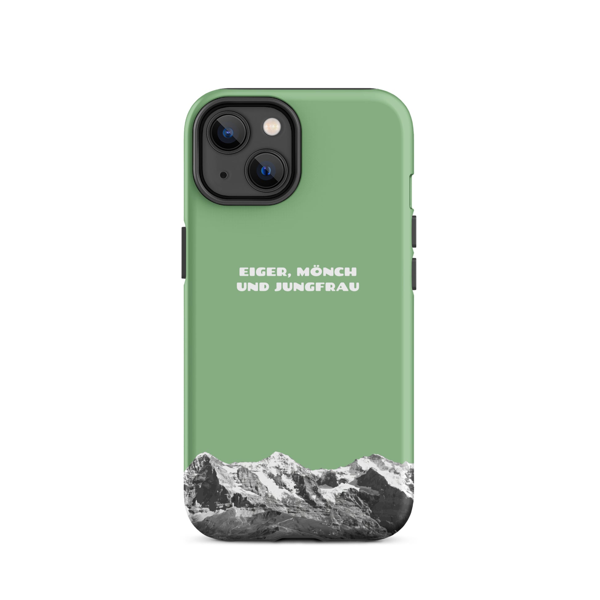 Hellgrüne iPhone Hard Case mit Eiger, Mönch und Jungfrau Bergpanorama aus dem Berner Oberland, Schweiz