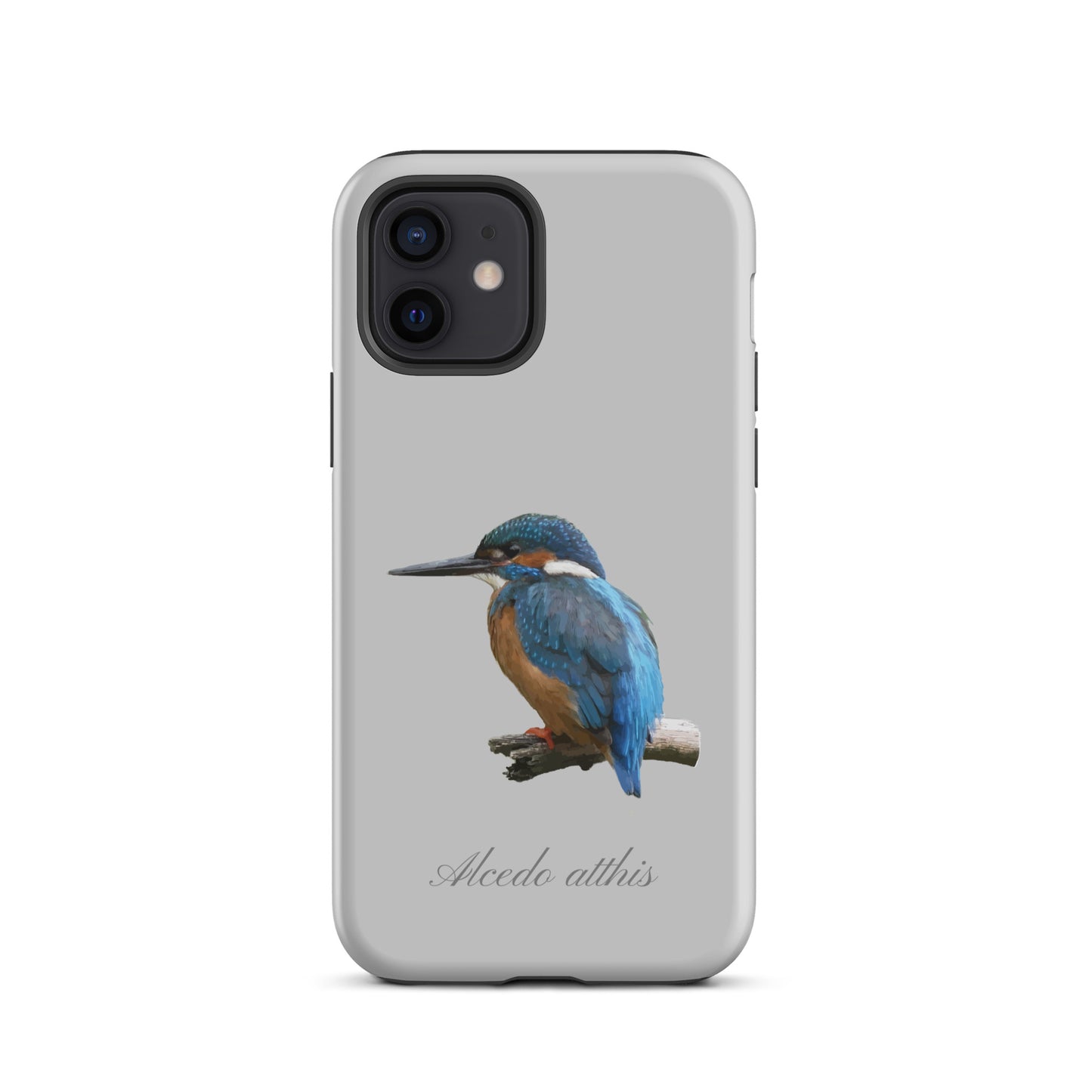 Graue iPhone Schutzhülle mit Eisvogel-Design, robustes Material, präzise Aussparungen.