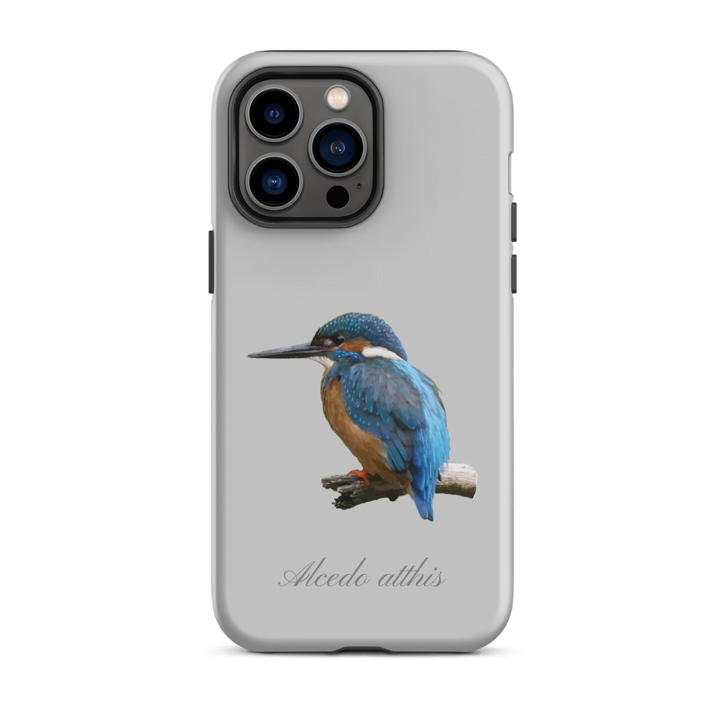 Graue iPhone Schutzhülle mit Eisvogel-Design, robustes Material, präzise Aussparungen