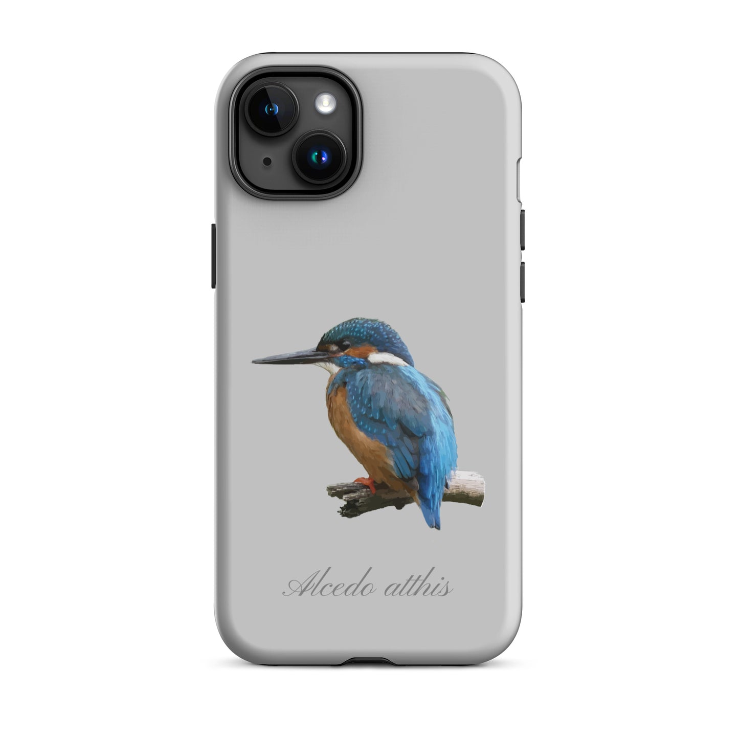 Graue iPhone-Hülle mit Eisvogel-Design, schützende Handyhülle aus robustem Material.